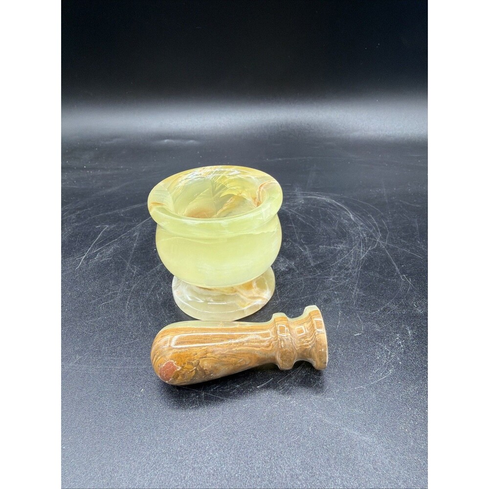 Vintage Green Banded Onyx Stone Mortar and Pestle Set Polished Marble 2.5x2.25